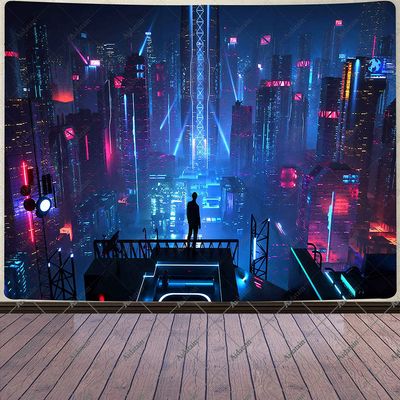 Aidatain Punk Cityscape Tapestry Skyscrapers Skyline 3D Urben Building Neon Lights Night Wall Hanging Tapestries Flannel Large Size 80" 60" for Bedroom Living Room GTWHAT102
