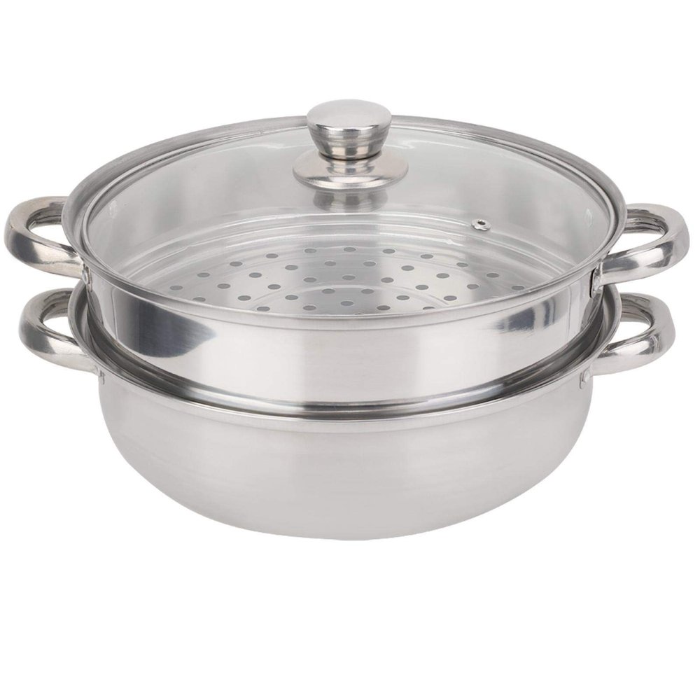 2-Layer Steamer Pot Cooker Double Boiler, Stainless Steel Cookware Saucepot with Tempered Glass Lid and Double Handles, Work with Gas Induction Oven, Grill Stove