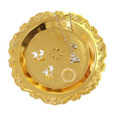 Round Storage Tray Necklace tray Jewelry Holder Organizer Dessert Plate Fruit DishRing Dish Organizer Holder Home Decor Wedding Gift for Perfume Candle Holiday Party(Golden/Silver) (Golden, Small)