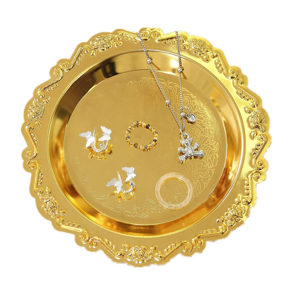 Round Storage Tray Necklace tray Jewelry Holder Organizer Dessert Plate Fruit DishRing Dish Organizer Holder Home Decor Wedding Gift for Perfume Candle Holiday Party(Golden/Silver) (Golden, Small)