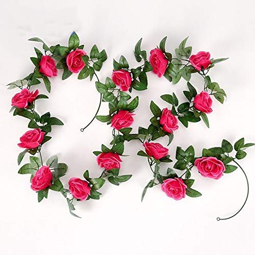 N++A 2.2m Silk 2pcs Artificial Roses Flowers Rattan String Vine with Green Leaves for Home Wedding Garden Decoration Hanging Garland Wall (Rose Red)