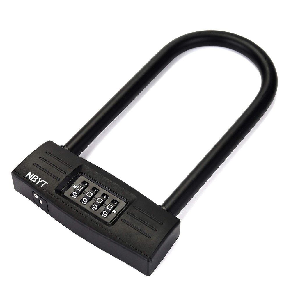 NBYT U Bike Lock - Heavy Duty Combination Lock for Motorcycle Wheel, Office Door, Fence & Gate - Resettable, Long Combination U-Lock in Black - Steel/Zinc/PVC Construction - 8.8 x 4.7 x 1.1 Inches