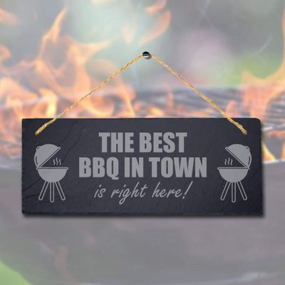 Stukk The Best BBQ Town Laser Hanging Cooking Food Party Sign, 30x12cm, Natural Engraved Slate Stone Plaque