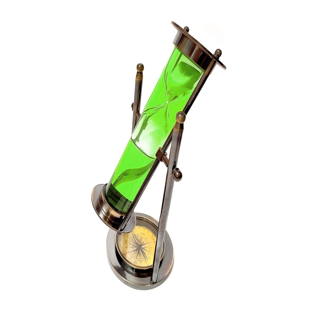A.A.Nauticals - 8.66 Inch Colourful Water Filled Tube Floating Sand Clock Timer Hourglass with Compass - Handmade Rustic Decor Antique Brass Enclosed (Green)