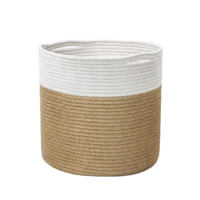 30 x 30 x 30cm Cotton Rope Basket, Woven Storage Basket Round Flower Pot Laundry Hamper Toy Basket Organizer for Living Room Dormitory Bedroom Room Office (Beige and White)