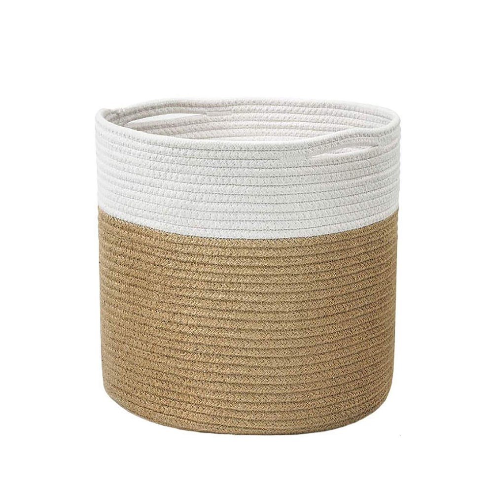 30 x 30 x 30cm Cotton Rope Basket, Woven Storage Basket Round Flower Pot Laundry Hamper Toy Basket Organizer for Living Room Dormitory Bedroom Room Office (Beige and White)