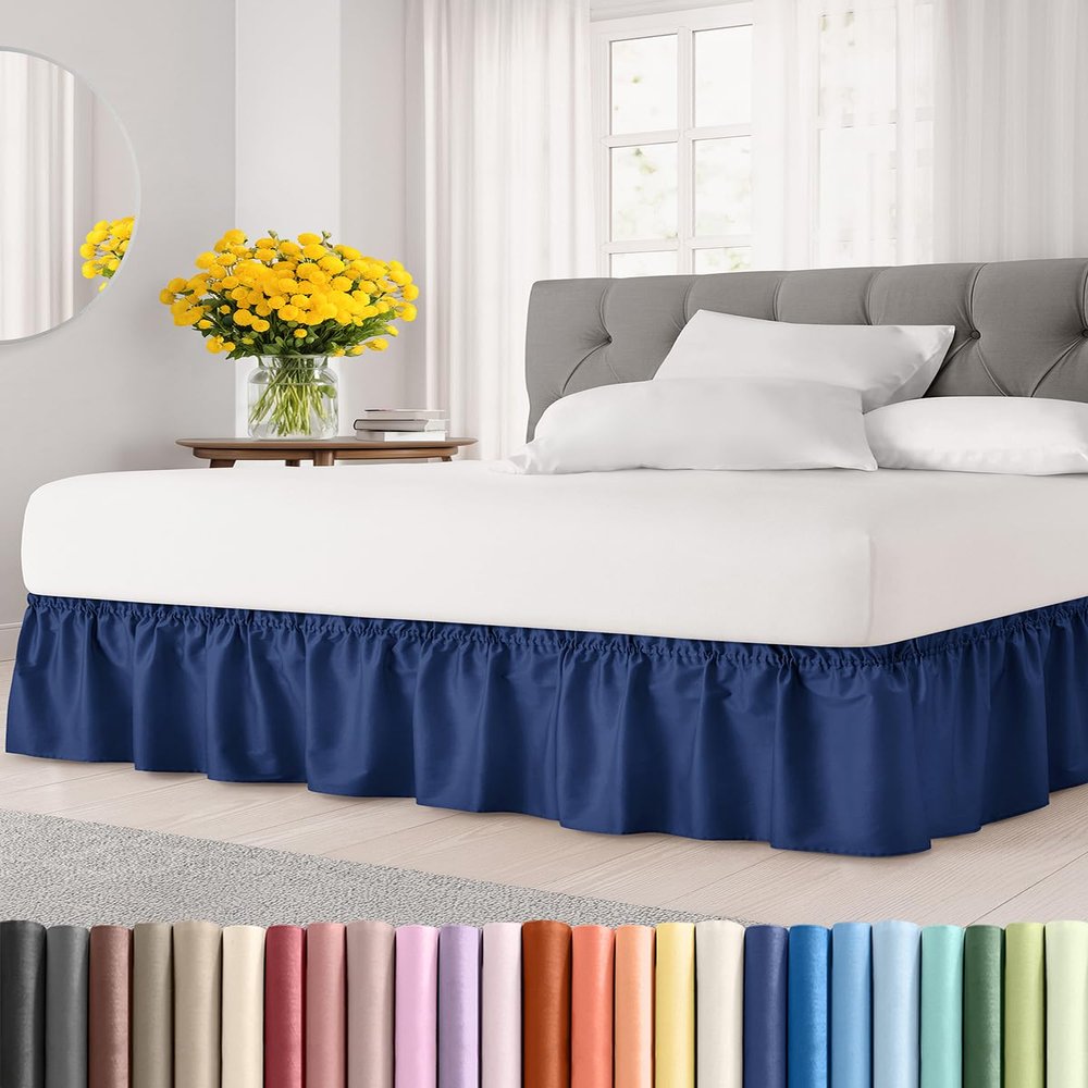 Wrap Around Dust Ruffle Bed Skirt - Navy Blue - Twin/Twin XL Size Beds with 24 Inch Drop - Elastic Strap - Adjustable Pleated Bedskirt with Brushed Fabric and Wrinkle Free - Women, Men, Kids & Teens