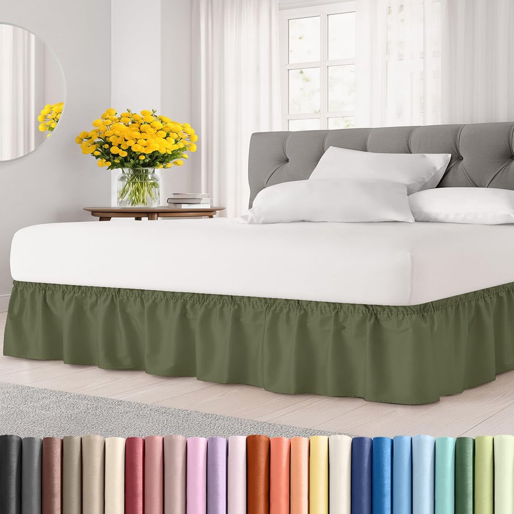 Wrap Around Dust Ruffle Bed Skirt - Sage Green - Twin/Twin XL Size Beds with 21 Inch Drop - Elastic Strap - Adjustable Pleated Bedskirt with Brushed Fabric and Wrinkle Free - Women, Men, Kids & Teens