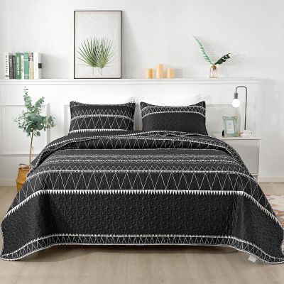 Andency Black California King Quilt Set, 3 Pieces Boho Lightweight Soft Striped Cal King Bedspread for All Season (112"x104"), Printed Bohemian Microfiber Reversible Coverlet Comforter Sets