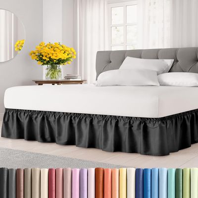 Wrap Around Dust Ruffle Bed Skirt - Black - for Full Size Beds with 15 Inch Drop - Easy Fit Elastic Strap - Adjustable Pleated Bedskirt w/Brushed Fabric - Wrinkle Free - for Women, Men, Kids & Teens