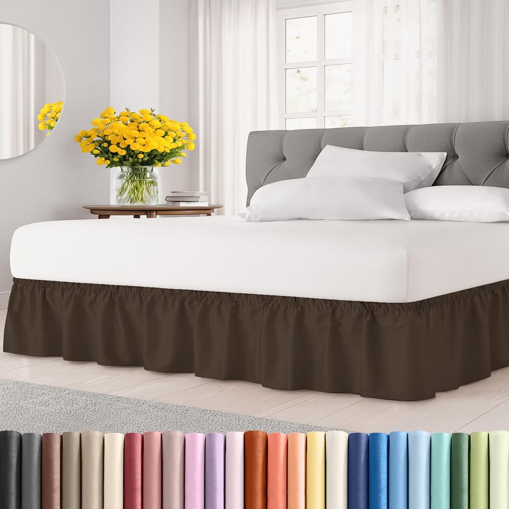 Wrap Around Dust Ruffle Bed Skirt - Brown - for Full Size Beds with 18 Inch Drop - Easy Fit Elastic Strap - Adjustable Pleated Bedskirt w/Brushed Fabric - Wrinkle Free - for Women, Men, Kids & Teens