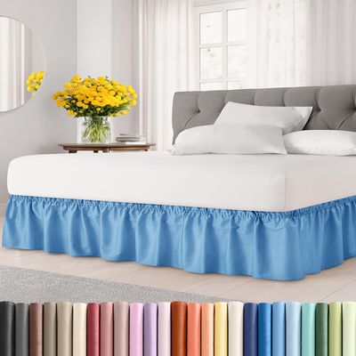 Wrap Around Dust Ruffle Bed Skirt - Denim Blue - for Full Size Beds with 18 Inch Drop - Elastic Strap - Adjustable Pleated Bedskirt with Brushed Fabric and Wrinkle Free - for Women, Men, Kids & Teens