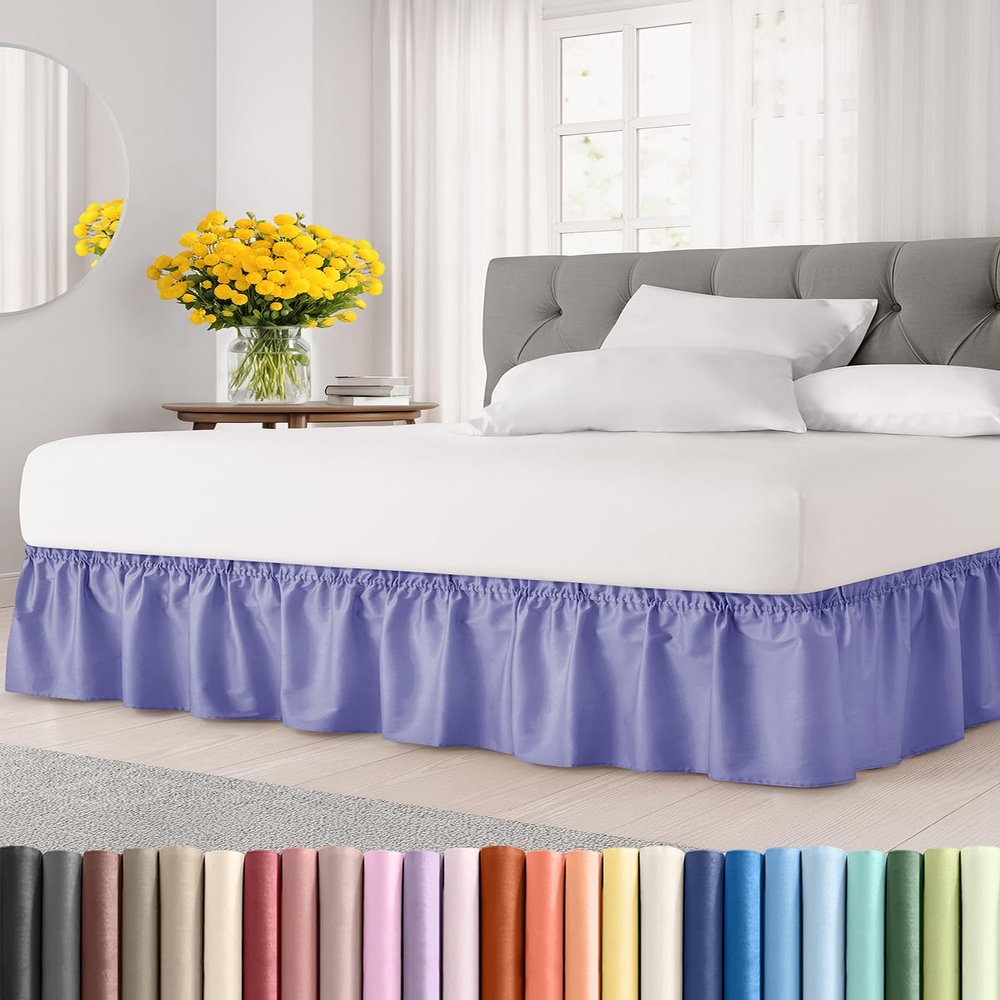 Wrap Around Dust Ruffle Bed Skirt - Lavender - for Full Size Beds with 15 Inch Drop - Easy Fit Elastic Strap - Adjustable Pleated Bedskirt w/Brushed Fabric Wrinkle Free - for Women, Men, Kids & Teens