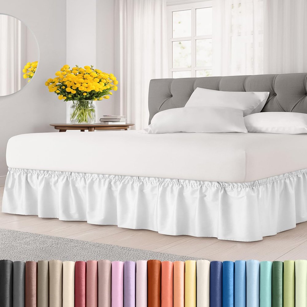 Wrap Around Dust Ruffle Bed Skirt - White - for Full Size Beds with 15 Inch Drop - Easy Fit Elastic Strap - Adjustable Pleated Bedskirt w/Brushed Fabric - Wrinkle Free - for Women, Men, Kids & Teens
