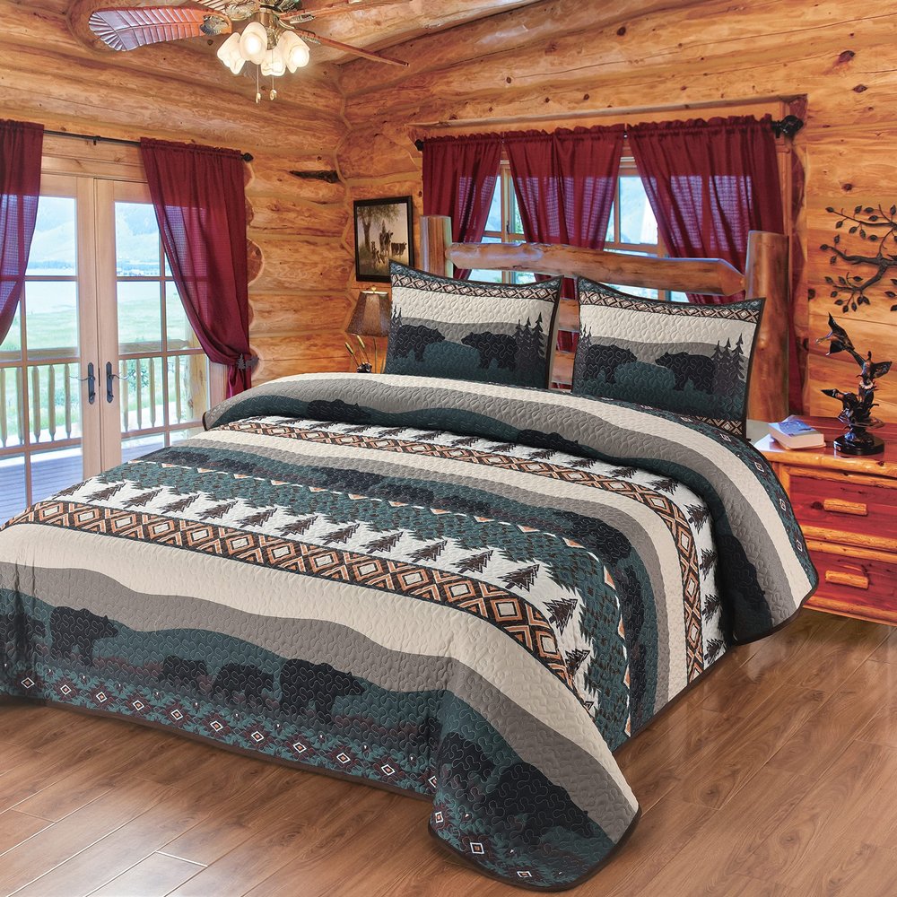BestGiftEver Quilt Queen Size with Unique Bear Denali Mountain Print Design, Cabin Lodge Style Quilted Bedspread Coverlet, 3-Piece Rustic Bedding Set with Quilt and 2 Pillow Shams for Nature Lovers