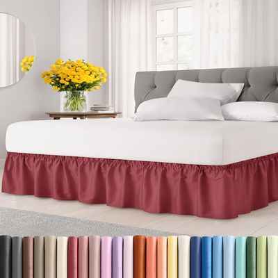 Wrap Around Dust Ruffle Bed Skirt - Burgundy - for King Size Beds with 18 Inch Drop - Easy Fit Elastic Strap - Adjustable Pleated Bedskirt w/Brushed Fabric Wrinkle Free - for Women, Men, Kids & Teens