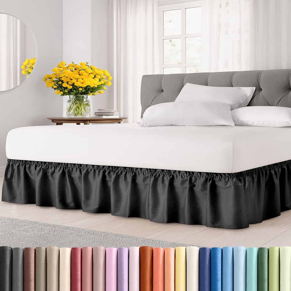 Wrap Around Dust Ruffle Bed Skirt - Black - for King Size Beds with 15 Inch Drop - Easy Fit Elastic Strap - Adjustable Pleated Bedskirt w/Brushed Fabric - Wrinkle Free - for Women, Men, Kids & Teens