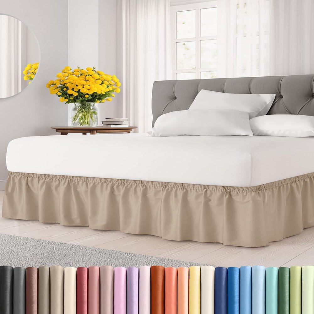 Wrap Around Dust Ruffle Bed Skirt - Cream - for King Size Beds with 21 Inch Drop - Easy Fit Elastic Strap - Adjustable Pleated Bedskirt w/Brushed Fabric - Wrinkle Free - for Women, Men, Kids & Teens