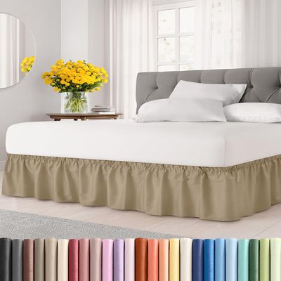 Wrap Around Dust Ruffle Bed Skirt - Beige - for King Size Beds with 21 Inch Drop - Easy Fit Elastic Strap - Adjustable Pleated Bedskirt w/Brushed Fabric - Wrinkle Free - for Women, Men, Kids & Teens