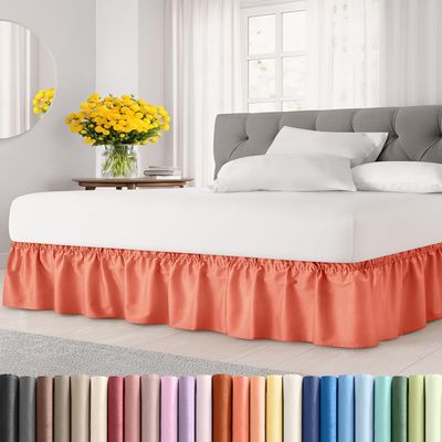 Wrap Around Dust Ruffle Bed Skirt - Coral - for King Size Beds with 24 Inch Drop - Easy Fit Elastic Strap - Adjustable Pleated Bedskirt w/Brushed Fabric - Wrinkle Free - for Women, Men, Kids & Teens
