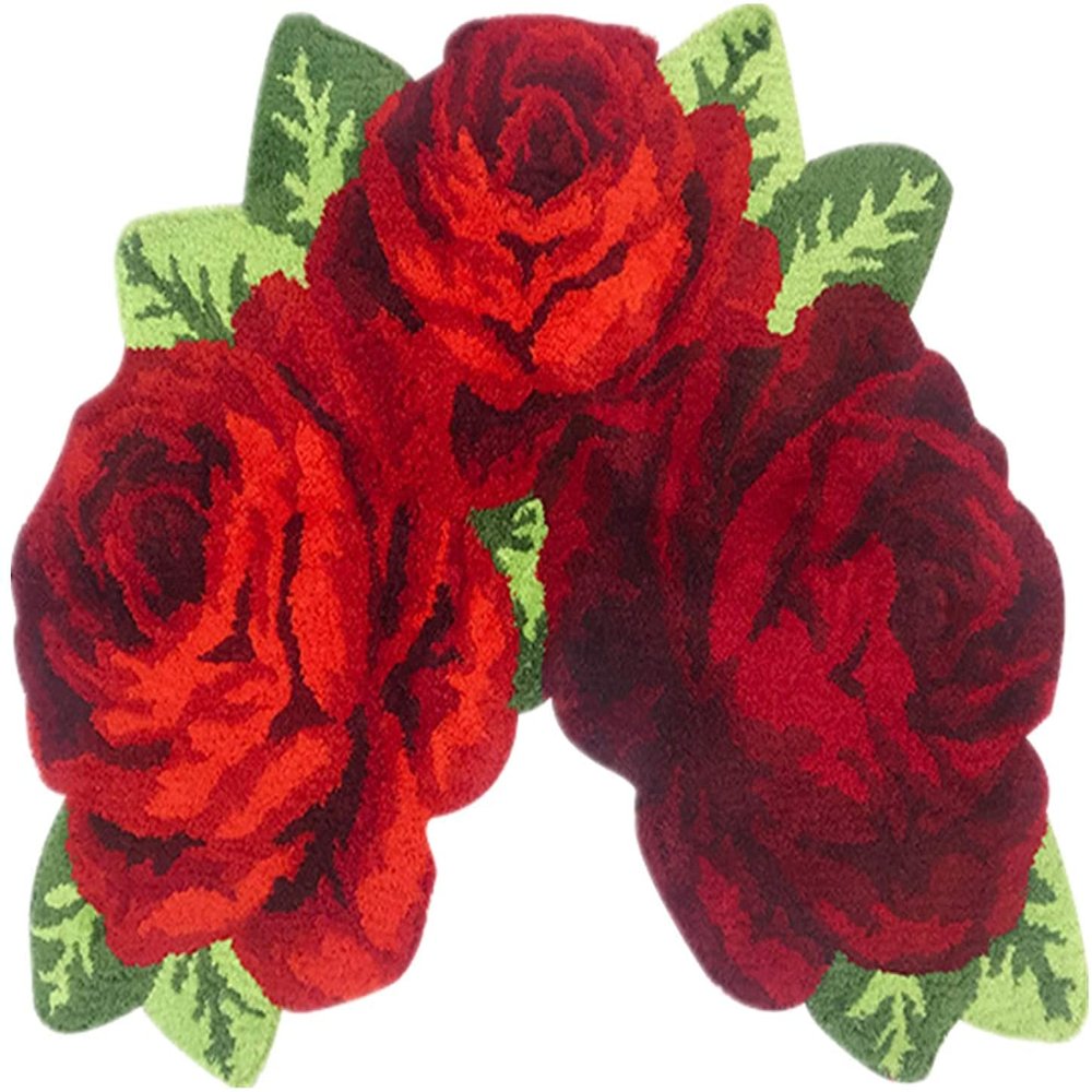 ABREEZE Rose Rug Toilet Mat Shaggy Rug Red Floral Mat Non-Slip Modern Carpet Washable Floor Mats for Bedroom/Sofa/Bathroom (3 Roses in Bloom, Red)