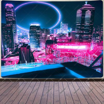 Aidatain Punk Cityscape Tapestry Neon City Nightscape Tapestry Sci-Fi Electronic Art Flannel Large Size 80x60 Inches Tapestries for Bedroom Living Room GTWHAT124