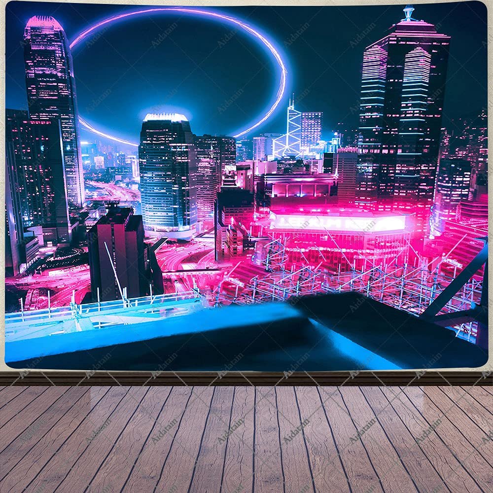 Aidatain Punk Cityscape Tapestry Neon City Nightscape Tapestry Sci-Fi Electronic Art Flannel Large Size 80x60 Inches Tapestries for Bedroom Living Room GTWHAT124