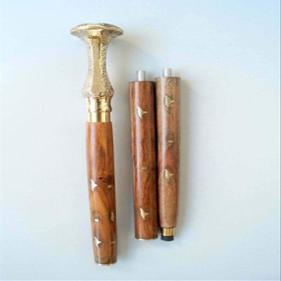 Vimal Nautical 3 Fold Wooden Stick Handmade Designer Brass Designer Handle Wooden Walking Stick Golden & Brown