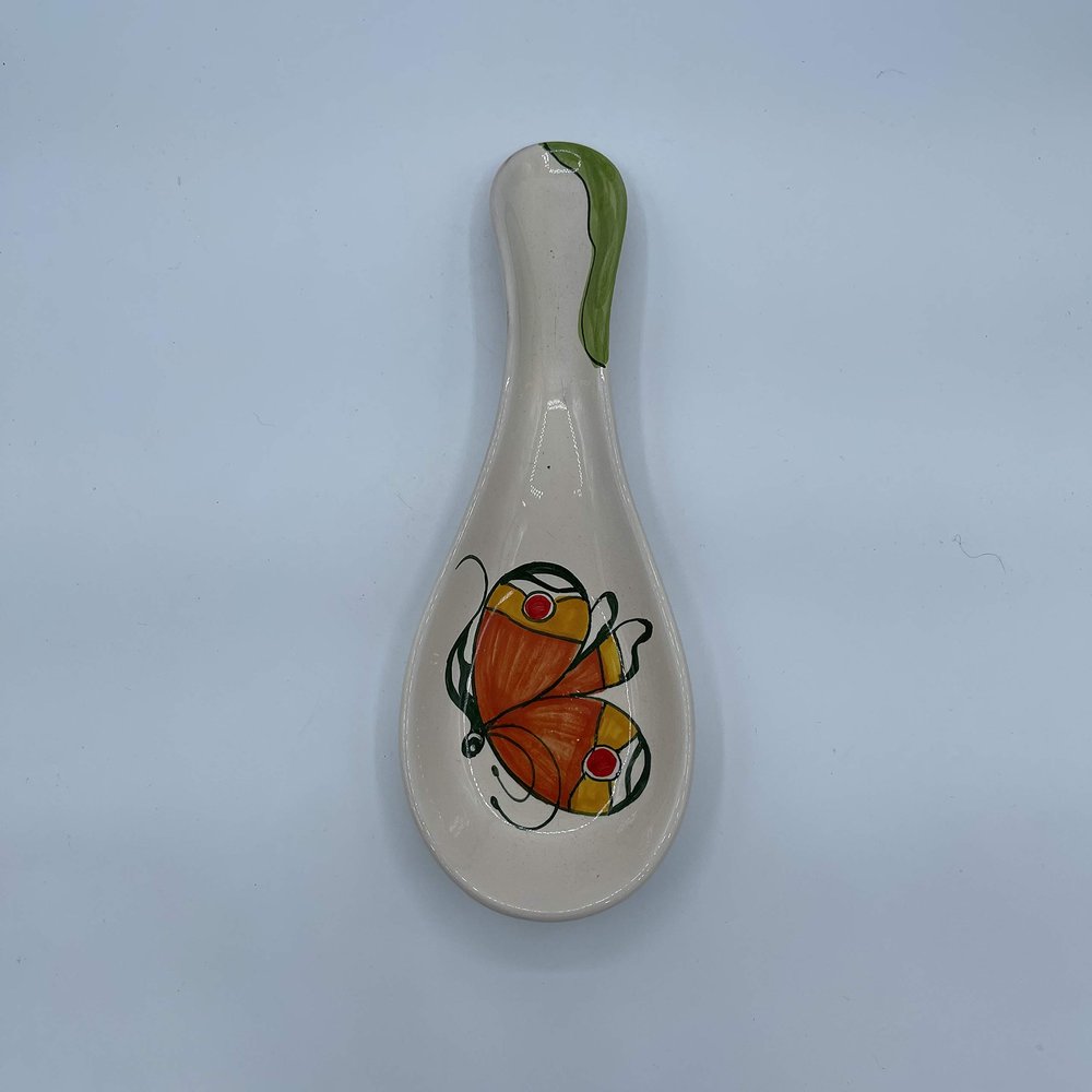 Amarcord Hand Painted Ceramic Spoon Rest with Orange Butterfly Design