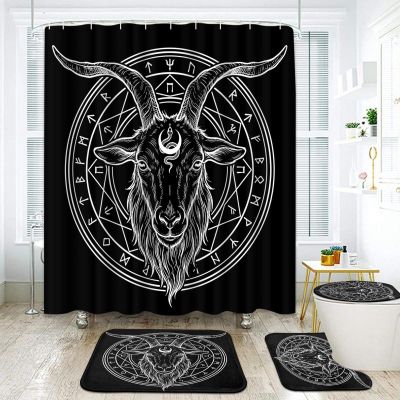 ArtSocket 4 Pcs Shower Curtain Set Goth Geometry Shapes Satan Retro Rock with Non-Slip Rugs Toilet Lid Cover and Bath Mat Bathroom Decor Set 72" x 72" Baphomet
