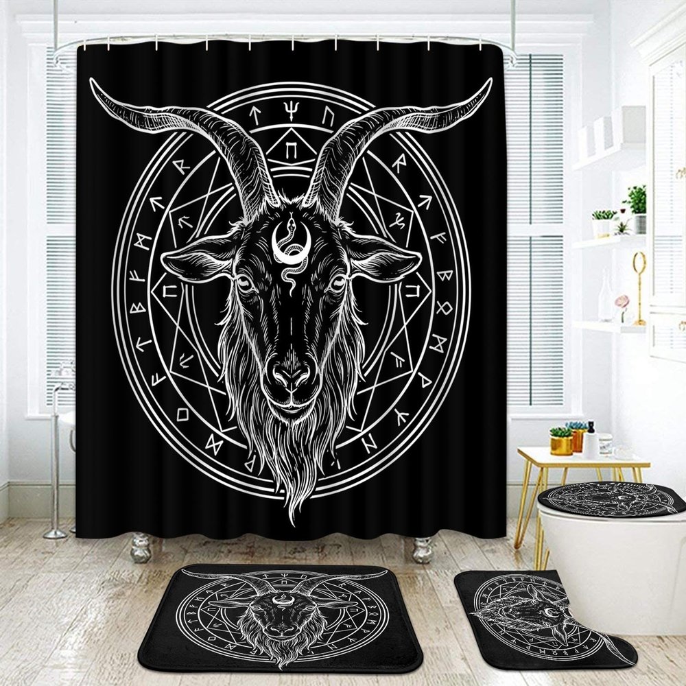 ArtSocket 4 Pcs Shower Curtain Set Goth Geometry Shapes Satan Retro Rock with Non-Slip Rugs Toilet Lid Cover and Bath Mat Bathroom Decor Set 72" x 72" Baphomet
