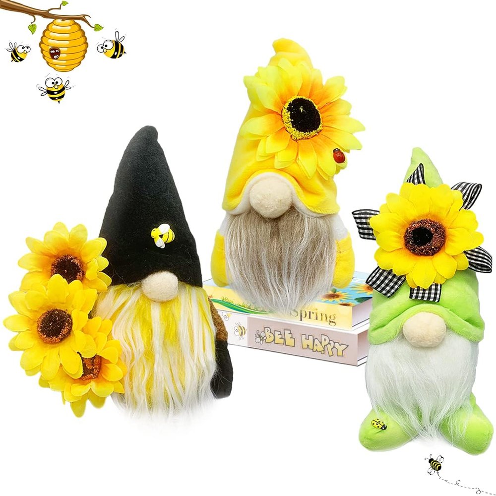 AMOH JERCY Summer Spring Sunflower Gnome Decoration for Home, Set of 3 Gnome Gifts for Women - 10" Sunflower Bee Kitchen Decor Gnome Plush, Mantel Tiered Tray Stand Party Office Bathroom Decorations