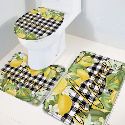 3 Pieces Bathroom Rugs and Mats Sets Lemon Summer Fruit, Non Slip Water Absorbent Bath Rug, Toilet Seat/Lid Cover, U-Shaped Toilet Mat, Home Decor Doormats Welcome Black and White Grid