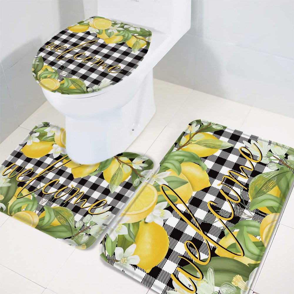 3 Pieces Bathroom Rugs and Mats Sets Lemon Summer Fruit, Non Slip Water Absorbent Bath Rug, Toilet Seat/Lid Cover, U-Shaped Toilet Mat, Home Decor Doormats Welcome Black and White Grid