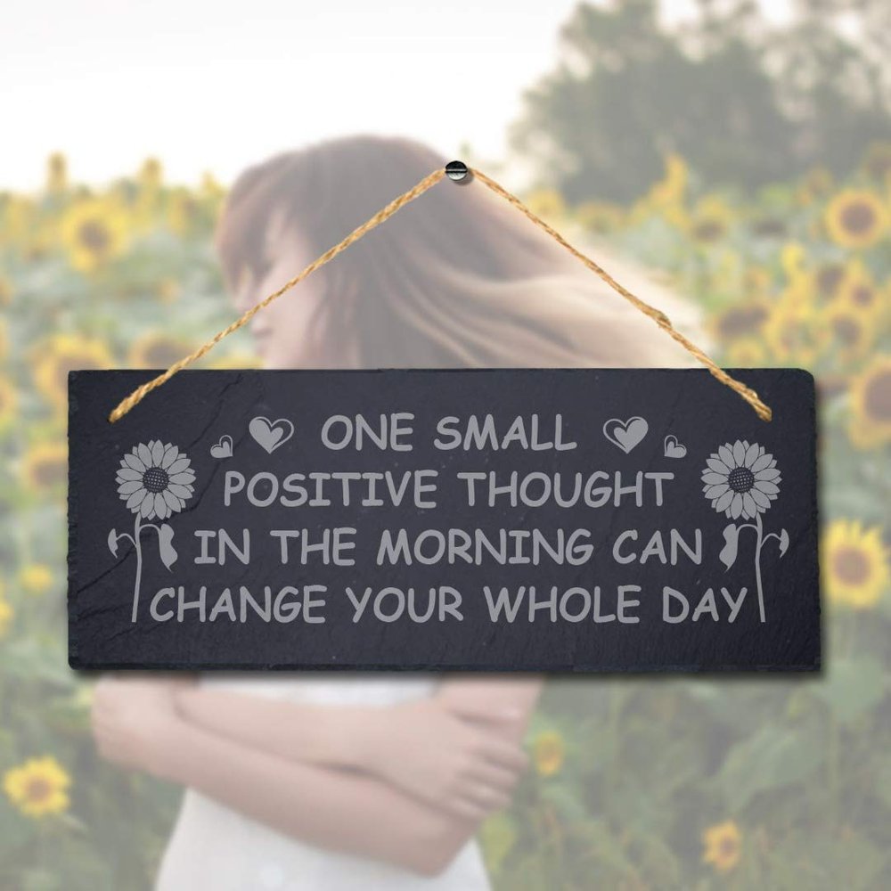 Stukk One Small Positive Thought Morning Hanging Home Decor Sign, Natural Engraved Slate Stone Plaque, 30x12cm