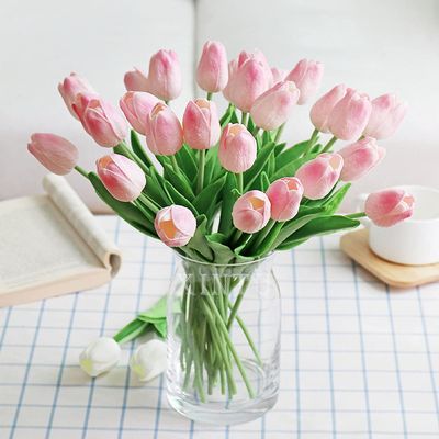 10 Pcs Tulips Artificial Fake Flowers, Pu Real Touch Flowers for Spring Decorations Home, Bulk Faux Flowers Without Vase for Party Office Wedding Bouquets Centerpieces Table & Mother's Gift-Peach