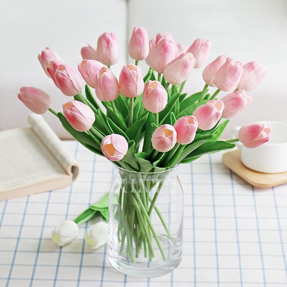 10 Pcs Tulips Artificial Fake Flowers, Pu Real Touch Flowers for Spring Decorations Home, Bulk Faux Flowers Without Vase for Party Office Wedding Bouquets Centerpieces Table & Mother's Gift-Peach