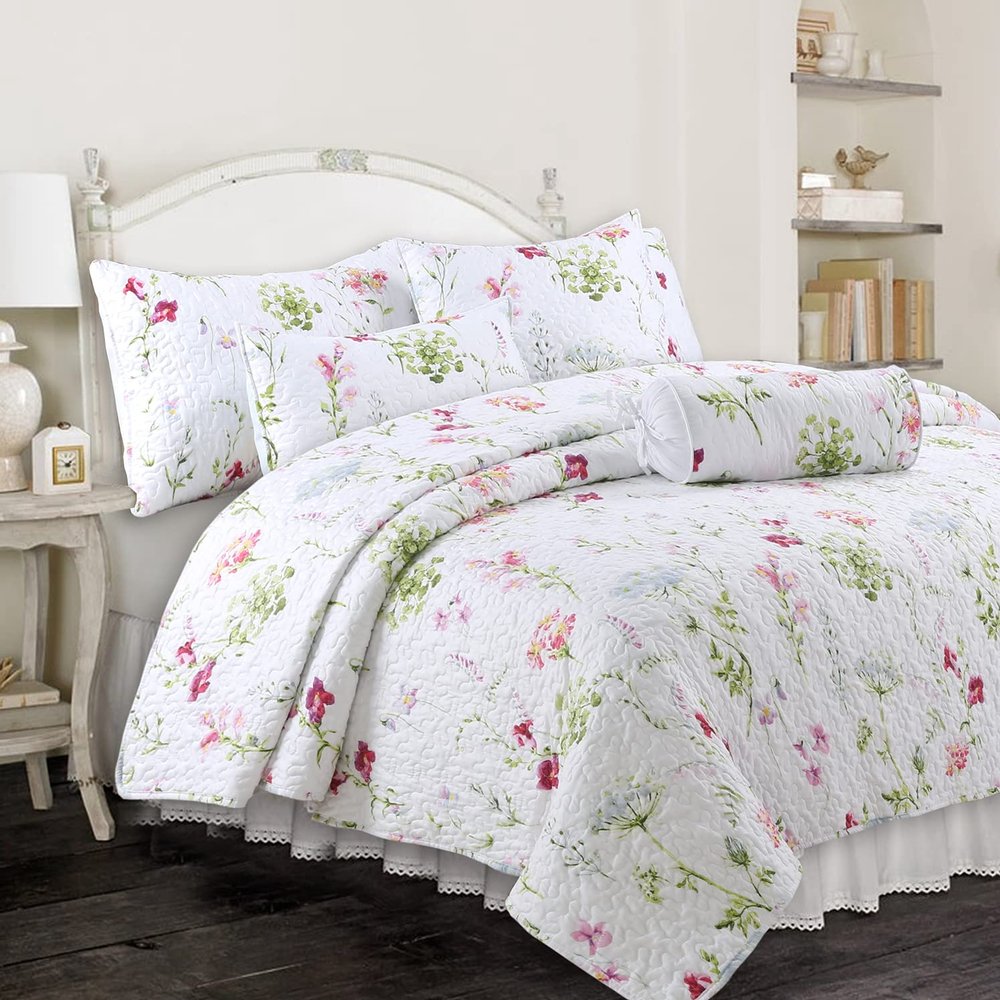 Azalea Floral Chintz PaisleyMicrofiber Reversible Quilt Bedding Set Coverlet, Bedspread, Summer Bloom, 3-Piece Queen Set