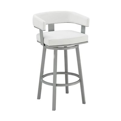 Armen Living Lorin Modern 30" Seat Height White Faux Leather and Silver Stainless Steel Metal Swivel Bar Stool for Kitchen Island Counter