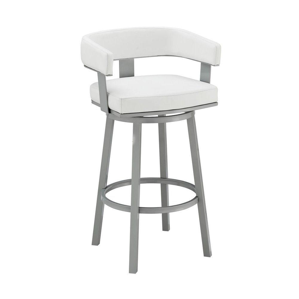 Armen Living Lorin Modern 30" Seat Height White Faux Leather and Silver Stainless Steel Metal Swivel Bar Stool for Kitchen Island Counter