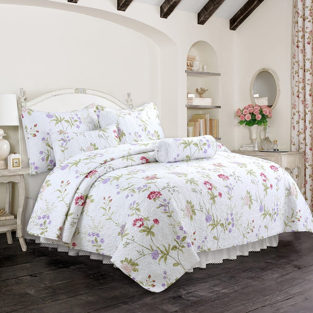 Azalea Floral Chintz Paisley Microfiber Reversible Quilt Bedding Set Coverlet, Bedspread, Spring Floral, 3-Piece Queen Set