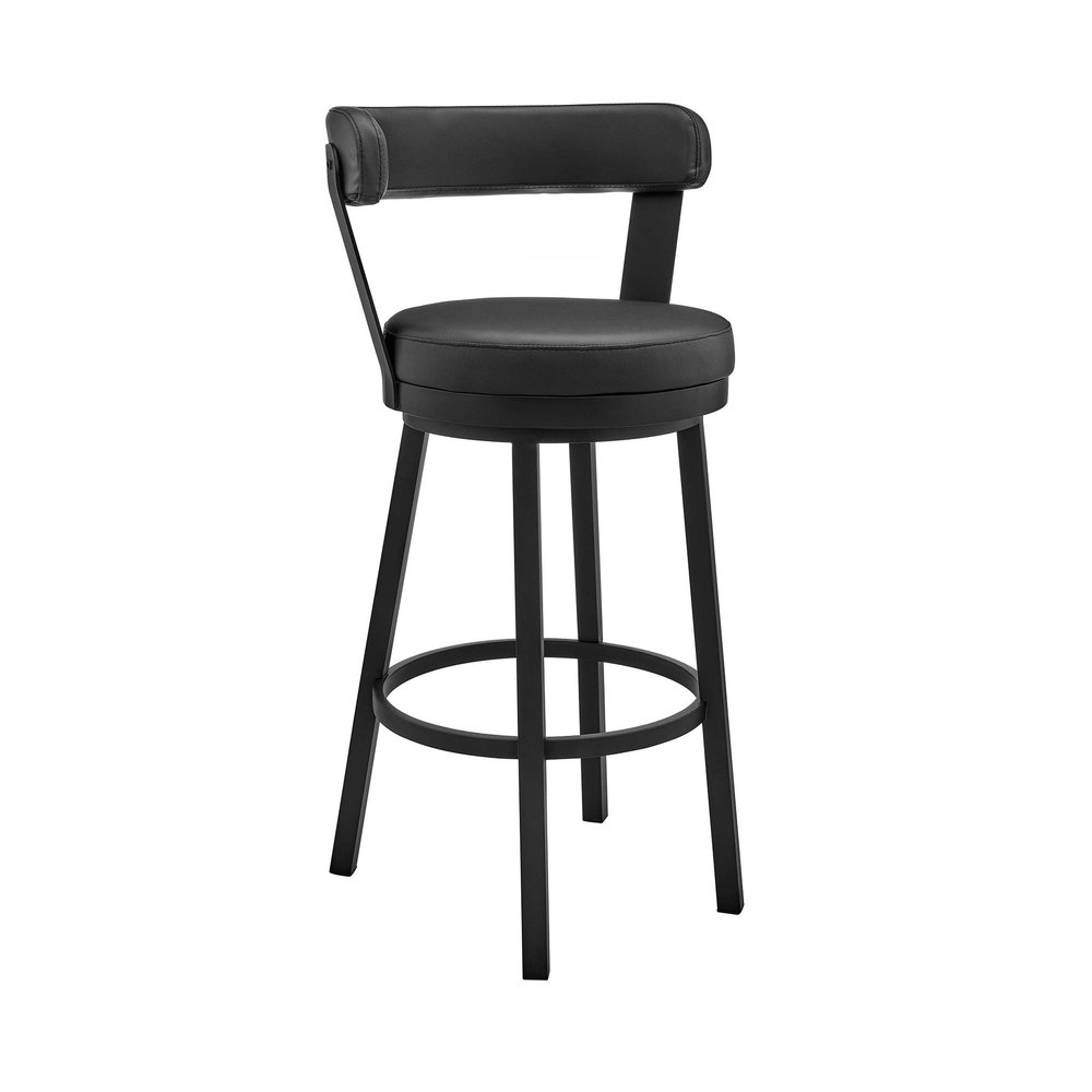 Armen Living Bryant Modern 30" Seat Height Black Faux Leather and Black Stainless Steel Metal Swivel Bar Stool for Kitchen Island Counter