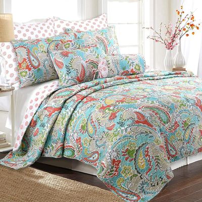 Azalea Floral Chintz PaisleyMicrofiber Reversible Quilt Bedding Set Coverlet, Bedspread, Turquoise Blue, 3-Piece King Set