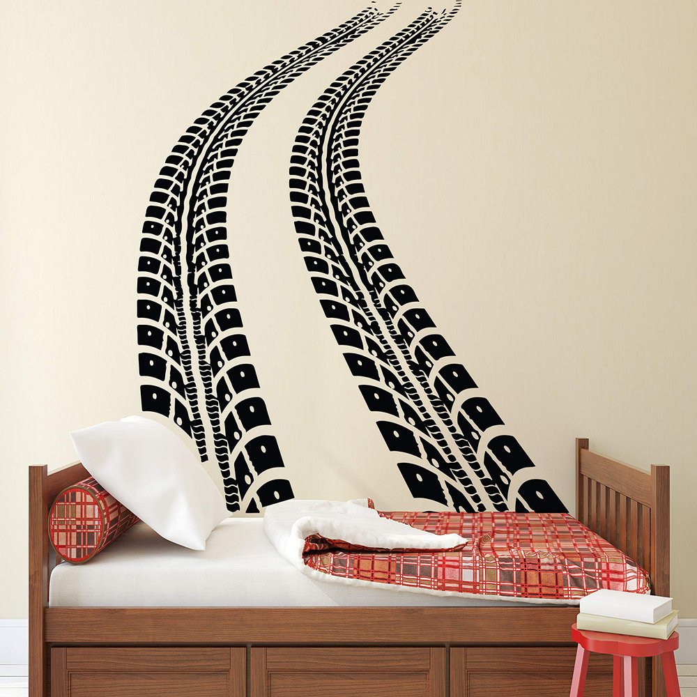 Decalzone Inc Tire Tracks Wall Decal Tire Tread Decor Automotive Art Mural Boys Room Wall Sticker (60 inch Wx48 inch H),Black