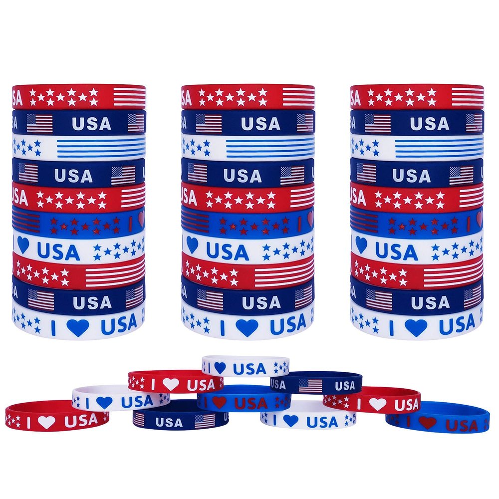 JAKADYUKS American Flag Silicone Bracelet 40Pcs, Fourth 4th of July Patriotic Party Favors, Memorial Day Veterans Day Wristband, USA Red White and Blue Decorations