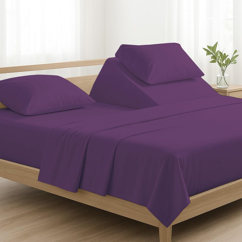 4 Pcs Luxury Split Top Queen 100% Egyptian Cotton 800 Thread Count (Adjustable, Flex Top Queen Size) Split Down 39" inches Sheets for Sleep Number Bed 15" Inch Pocket - Plum Solid