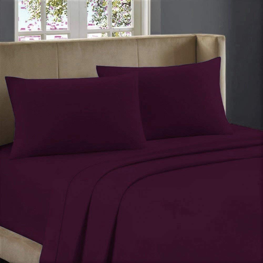 1000-Thread-Count 100% Egyptian Cotton Bed Sheet, 4-Pc Full XL Wine Solid Sheet Set Single Ply Long Staple Cotton Yarns, Sateen Weave, Fits Mattress Upto 28" Deep Pocket