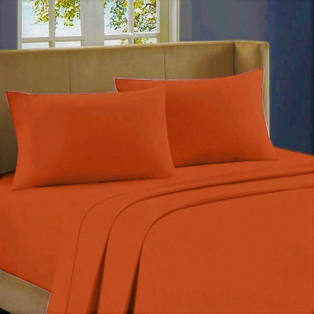 1000-Thread-Count 100% Egyptian Cotton Bed Sheet, 4-Pc Queen XL Orange Solid Sheet Set Single Ply Long Staple Cotton Yarns, Sateen Weave, Fits Mattress Upto 28" Deep Pocket