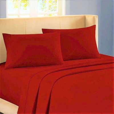 1000-Thread-Count 100% Egyptian Cotton Bed Sheet, 4-Pc Queen Red Solid Sheet Set Single Ply Long Staple Cotton Yarns, Sateen Weave, Fits Mattress Upto 28" Deep Pocket