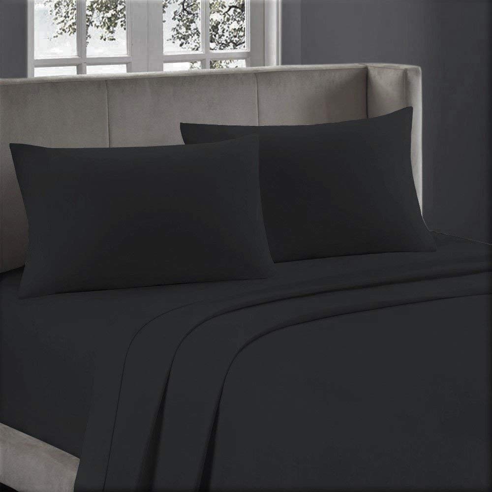 1000-Thread-Count 100% Egyptian Cotton Bed Sheet, 4-Pc Full Black Solid Sheet Set Single Ply Long Staple Cotton Yarns, Sateen Weave, Fits Mattress Upto 28" Deep Pocket